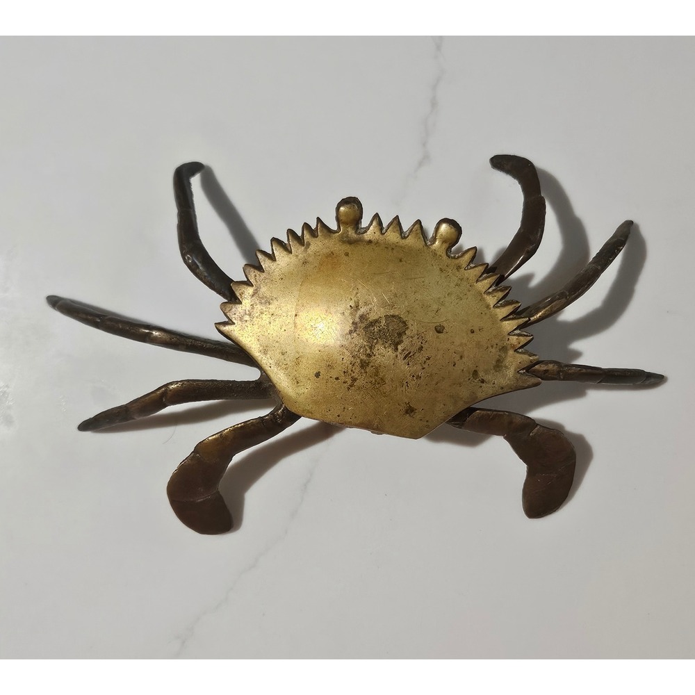 Vintage Solid Brass Hinged Crab Figurine Trinket Box Ashtray Nautical Decor